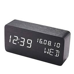 Staright Despertador de mesa de madeira com controle de voz, temperatura ajustável, tela de 3 brilho e LED Despertador digital para cabeceira do quarto