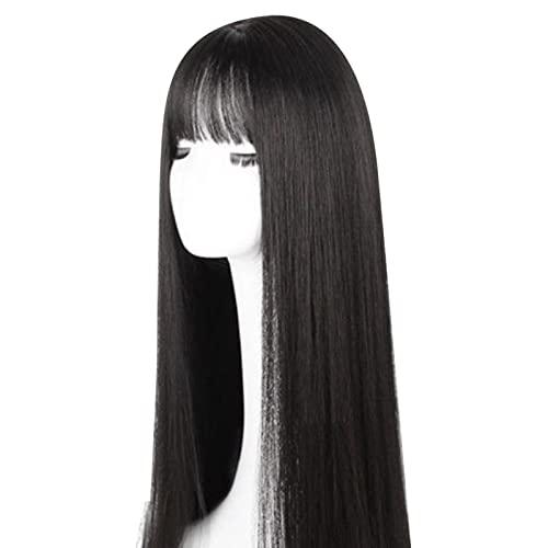 Peruca sintética feminina moderna, peruca reta, peruca reta preta com franja, feminina moderna resistente ao calor com peruca reta com franja (preto) 7 cm