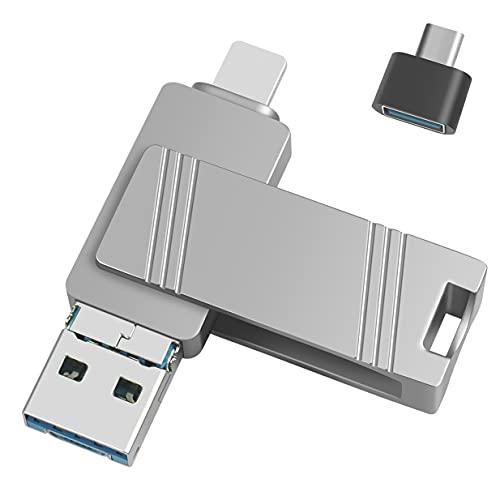 Pen Drive USB para iPhone, USB 3.0 Pen Drives criptografados com adaptador tipo C, Photo Stick para iPad, telefones Android e PC (256 GB, prata)