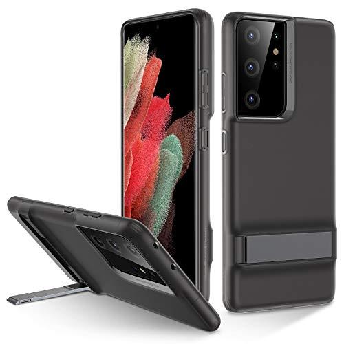 ESR Capa de suporte de metal compatível com Samsung Galaxy S21 Ultra (6,8 polegadas) (2021), silicone fino com acabamento fosco, suporte vertical e horizontal, capa traseira-preto translúcido