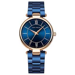 Relógios femininos simples, elegantes, femininos, à prova d'água, minimalistas, quartzo, relógio de pulso, com pulseira de aço inoxidável (azul)