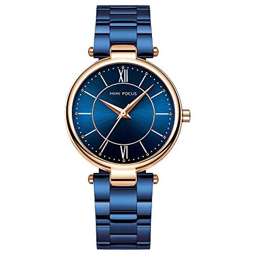 Relógios femininos simples, elegantes, femininos, à prova d'água, minimalistas, quartzo, relógio de pulso, com pulseira de aço inoxidável (azul)