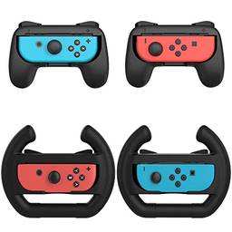 TALK WORKS Nintendo Switch + Switch OLED Joy-Con Grips 4-Pack - 2 Wheels, 2 Mini Controllers - Joy-Con Handheld Joystick Remote Control Holders & Steering Wheel Controller Grips for Mario Kart Racing Games - Black