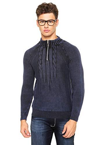 Blusa tricô meio ziper estonada 100% Algodão 7113 COR:Azul;Tamanho:M;Gênero:Masculino