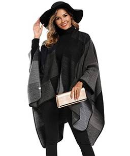 Envoltório de xale de bloco de cores feminino plus size cardigan poncho capa aberta frontal longo casaco de inverno (Preto)
