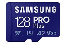 SAMSUNG PRO Plus + Adaptador 128GB microSDXC até 160MB/s UHS-I, U3, A2, V30, Full HD e 4K UHD Cartão de memória para smartphones Android, tablets, Go Pro e DJI Drone (MB-MD128KA/AM)