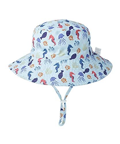 Chapéu de sol para bebê verão chapéus para menino de bebê UPF 50+ Proteção solar para criança chapéu balde para bebê menina boné ajustável (Cavalo-marinho azul, 52-54 cm / 2-5 T)