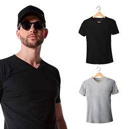 Kit com 2 Camisetas Premium Gola V Slim Fit Preta e Mescla - Polo Match (M)