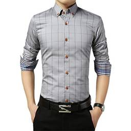 Camisa masculina xadrez com botões e manga comprida casual, Cinza, XL