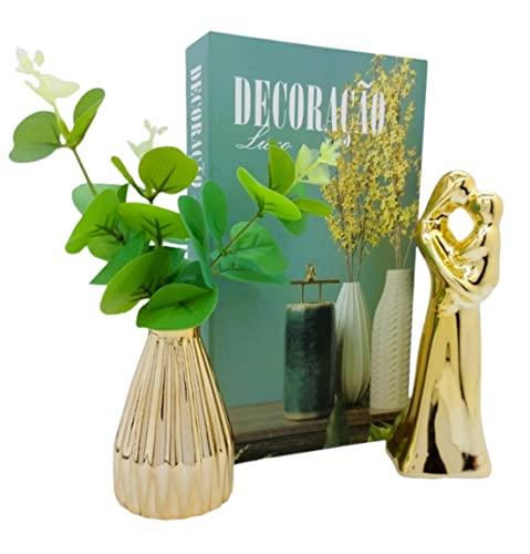 Conjunto Livro Caixa Decorativo Enfeite Dourado Vaso com Planta