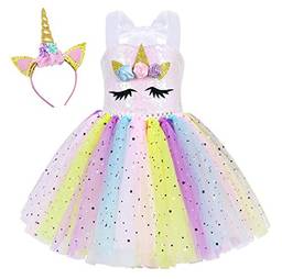 AmzBarley roupas de lantejoulas unicórnio para meninas vestido princesa tule tutu vestido de festa extravagante de halloween de aniversário com fita para a cabeça por 6-7 anos