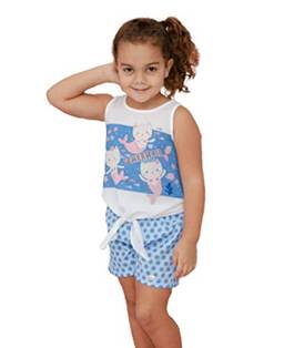 Conjunto Infantil Menina Roupa Estilosa de Luxo Blusa em Crepe sem manga e Short de Bolinhas Azul (04)