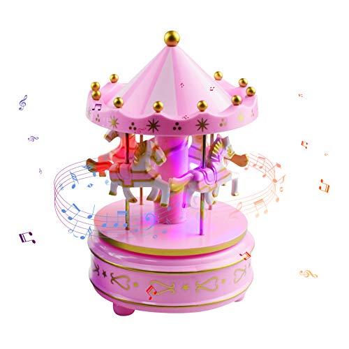 Henniu Caixa de música carrossel com luz led mudança de cor 4 cavalos girando brinquedo musical para bebê presentes de natal presentes de aniversário para meninas crianças crian