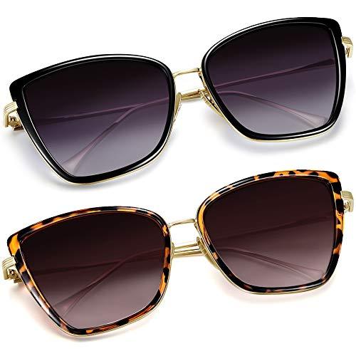 Óculos de Sol Feminino, Cateye Moda Espelhada Lente Metal Moldura Olho de Gato Óculos Escuros (Preto+ leopardo)