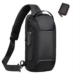 Mochila Sling com porta USB antifurto masculina, bolsa de ombro casual (preta + carteira, pequena), Carteira preta +, P
