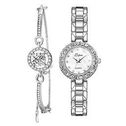 NC 2 em 1 Relógios das Mulheres Cadeia Cuff Bracelet Bangle Wrist Band Jóias Presentes Feminino - Prata Branco prateado