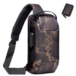 Mochila Sling com porta USB antifurto masculina, bolsa de ombro casual (preta + carteira, pequena), Camuflagem + carteira, P