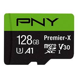 PNY Cartão de memória Flash 128 GB Premier-X Class 10 U3 V30 microSDXC - 100 MB/s, Classe 10, U3, V30, A1, 4K UHD, Full HD, UHS-I, micro SD