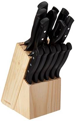 Farberware Conjunto de bloco de facas de aço inoxidável de alto carbono com borda ondulada resistente à ferrugem, 22 peças, madeira de faia/preto