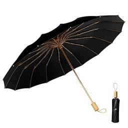 Guarda-chuva compacto de sol/chuva, proteção UV 50+ 16 costelas de fibra de vidro guarda-chuva dobrável super à prova de vento, guarda-chuva de viagem de golfe uv bloqueador do sol(Preto)