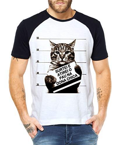 Camiseta Raglan Criativa Urbana Gato Preso Frase Engraçada Branco GG