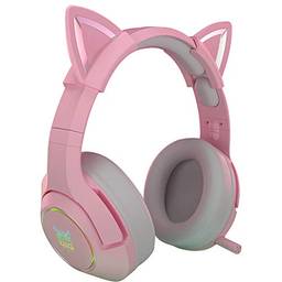 HNQH Lindo fone de ouvido de gato, fone de ouvido rosa com fio para jogos com microfone e luz RGB removível, fone de ouvido estéreo 7.1 para notebook de computador