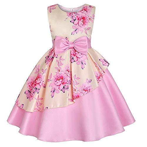 Houfung Vestido infantil de 3 a 9 anos com listras de flores para meninas, roupas infantis, vestido de princesa para festa de casamento, Rosa 10, 6