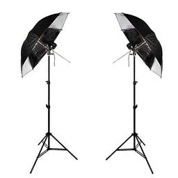 Kit de Iluminação Duplo com Sombrinhas Refletoras Preta e Prata, Tripés de 2 metros e Soquetes Simples Sou Foto para Estúdios Fotográficos