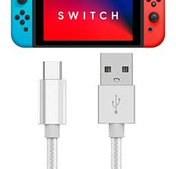 USB C Charger Cable for Nintendo Switch (6ft) - by TalkWorks | Braided Reinforced USB C Charging Cable (USB Type C Charger), Silver