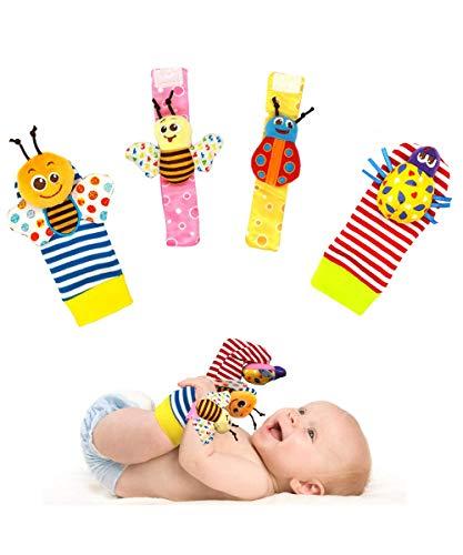 Conjunto de brinquedos para chocalhos de pulso e meias localizadoras de pés para bebês, presente para chuveiro sensorial de desenvolvimento infantil com insetos de jardim fofos, 4 pacotes (4 Pack)