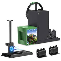 TwiHill Vertical Cooling Stand for Xbox Series X Console - Dual Controller Charging Dock Station with 2 Pack 1400mAh Batteries & Game Rack Storage Organizer and Gaming headphones holder for Sony Xbox Series X