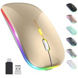 SZAMBIT Mouse Bluetooth Sem Fio,LED Slim Dual Mode (Bluetooth 5.1 + USB)Mouse Sem Fio Bluetooth Silencioso Recarregável de 2,4 GHz com Adaptador Tipo C para Laptop/MacBook/iPad OS 13,Ouro