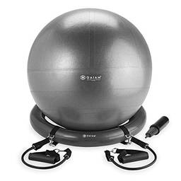 Gaiam Bola de equilíbrio, base e kit de faixa de resistência, cadeira de bola de ioga de 65 cm, bola de exercício com base de anel inflável para casa ou mesa de escritório, inclui bomba de ar