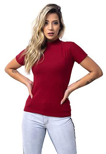 Blusa Canelada Gola Alta Camisa Feminina (Vermelho, M)