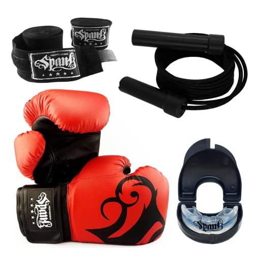 Kit Boxe e Muay Thai com Corda de Pular + Luva de treino + Bandagem com Elasticidade de 3 Metros + Protetor Bucal Moldável com Estojo - Spank (16oz, Red)