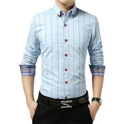 Camisa masculina xadrez com botões e manga comprida casual, Light Blue, XL