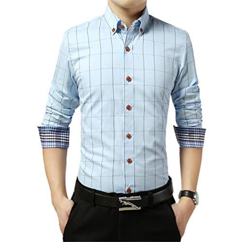 Camisa masculina xadrez com botões e manga comprida casual, Light Blue, L
