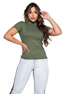 Blusa Canelada Gola Alta Camisa Feminina (Verde Militar, P)