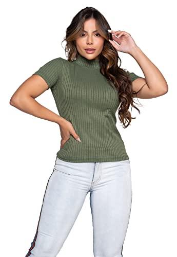 Blusa Canelada Gola Alta Camisa Feminina (Verde Militar, M)