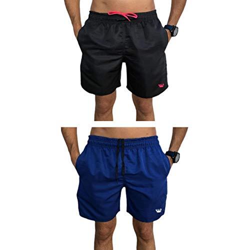 Kit 2 Shorts Bermudas Lisas Siri Relaxado Cordão Neon (Preto/Rosa e Azul, GG)