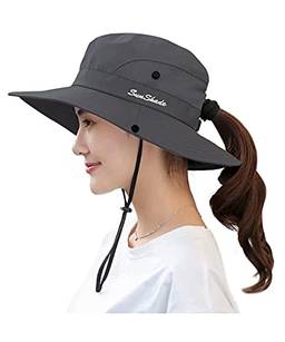 Chapéu de sol feminino com rabo de cavalo proteção UV malha dobrável de aba larga Chapéu de pesca de praia (cinza)