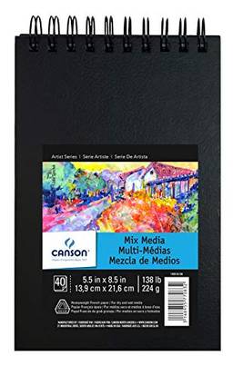 Caderno de arte Mix Media Canson, papel francês pesado, dupla face, textura fina e média, encadernação lateral, 62 kg, 14 x 21 cm, 40 folhas