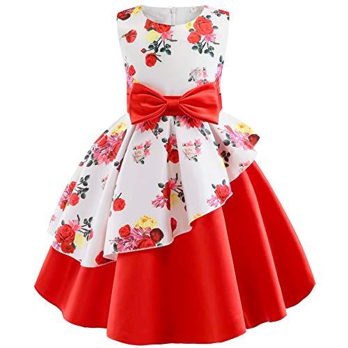 Houfung Vestido infantil de 3 a 9 anos com listras de flores para meninas, roupas infantis, vestido de princesa para festa de casamento, Vermelho 1, 2T