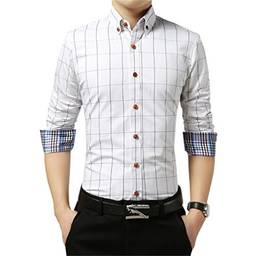 Camisa masculina xadrez com botões e manga comprida casual, Branco, M