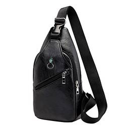 TENDYCOCO Bolsa tiracolo de couro PU com orifício de fone de ouvido USB (preto), Preto, About 18 x 9 x 34 cm, Bolsa Sling