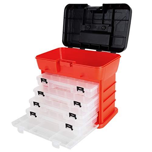 Caixa de ferramentas de armazenamento – Organizador portátil multiuso com compartimento superior principal e 4 bandejas multicompartimentos removíveis da Stalwart