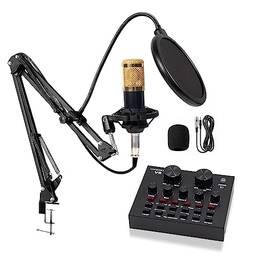 Microfone Condensador, Kit Microfone Condensador com Placa de Som e Braço Articulado e Pop Filter para Transmissão Ao Vivo, Podcast, Gravação de Audio