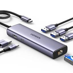 UGREEN Adaptador Revodok 6 em 1 USB C Hub Gigabit USB C para Ethernet com 4K HDMI, 100W Power Delivery, 3 USB 3.0, compatível com MacBook, iPad Pro, Dell, HP, Surface, Chromebook Mac Mini 2023.