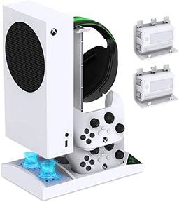 TwiHill Suporte do carregador com ventilador de resfriamento para console e controlador do Xbox Series S, acessórios de dock de carregamento duplo vertical com bateria recarregável de 2 x 1400mAh e tampa, suporte de fone de ouvido para Xbox Series S (Branco)