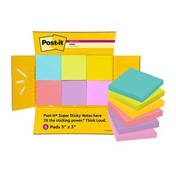 Post-it Super Sticky Notes, 7,6 x 7,6 cm, 6 blocos/pacote, 90 folhas/bloco, cores brilhantes sortidas, Aqua Splash, verde-limão, rosa tropical, Sunnyside, goiaba e íris (654-6SSMX-SIOC)